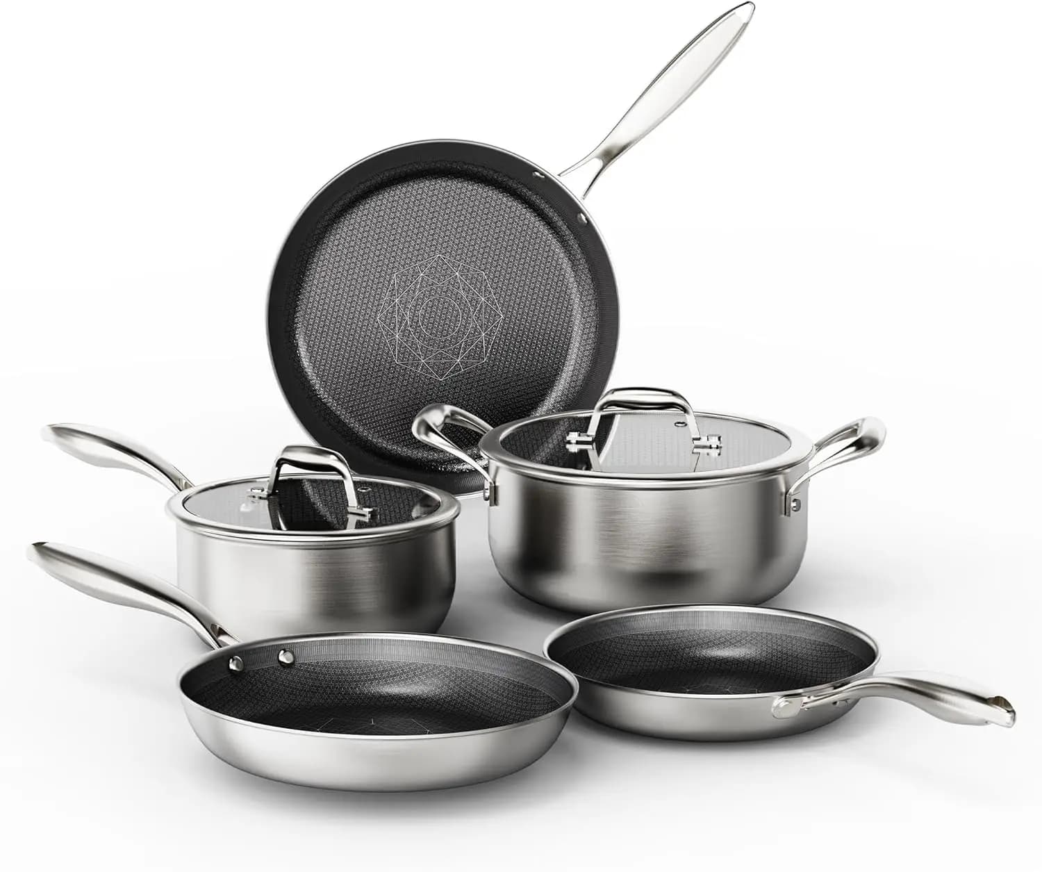 Set di Pentole in Acciaio Inox 7 Pezzi, Padelle e Casseruole Antiaderenti con Coperchio, Adatte per Induzione, Forno e Lavastoviglie