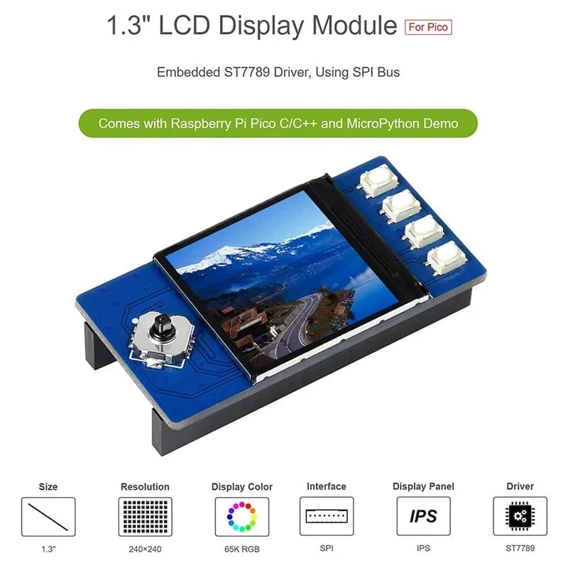 Display LCD da 1,3 Pollici per Raspberry Pi Pico, Modulo Schermo IPS, 65K Colori RGB, 240X240 Pixel