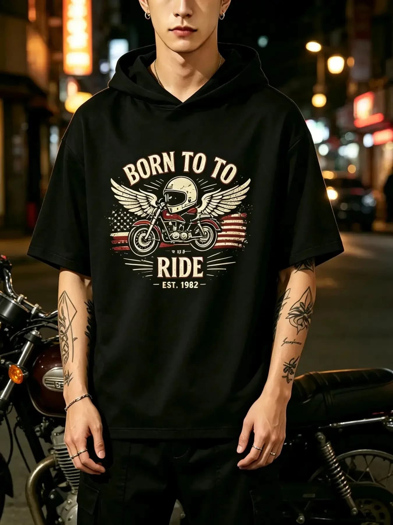 Men's Short Sleeve Hoodie, Born To Ride Motorcycle Wing Helmet Retro Graphic Hooded T-Shirt, Casual Loose Fit Summer Streetwear Pullover Tee Top