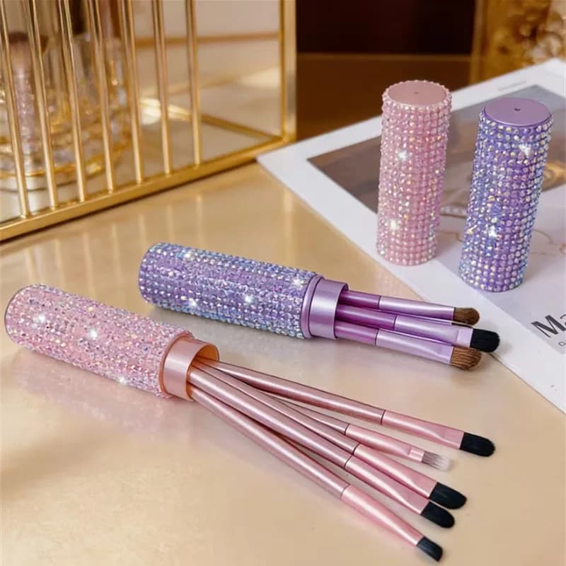 Set di 5 pennelli per il trucco degli occhi con custodia con strass, pennelli professionali sintetici per sfumare eyeliner e sopracciglia