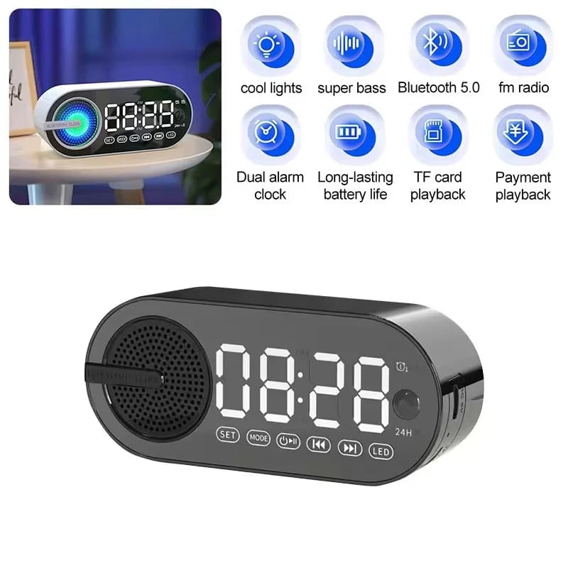 USB Charging FM Radio Alarm Clock Wireless Bluetooth Speaker Large Display Mute Mirror Digital For Room Office Desktop Music Box