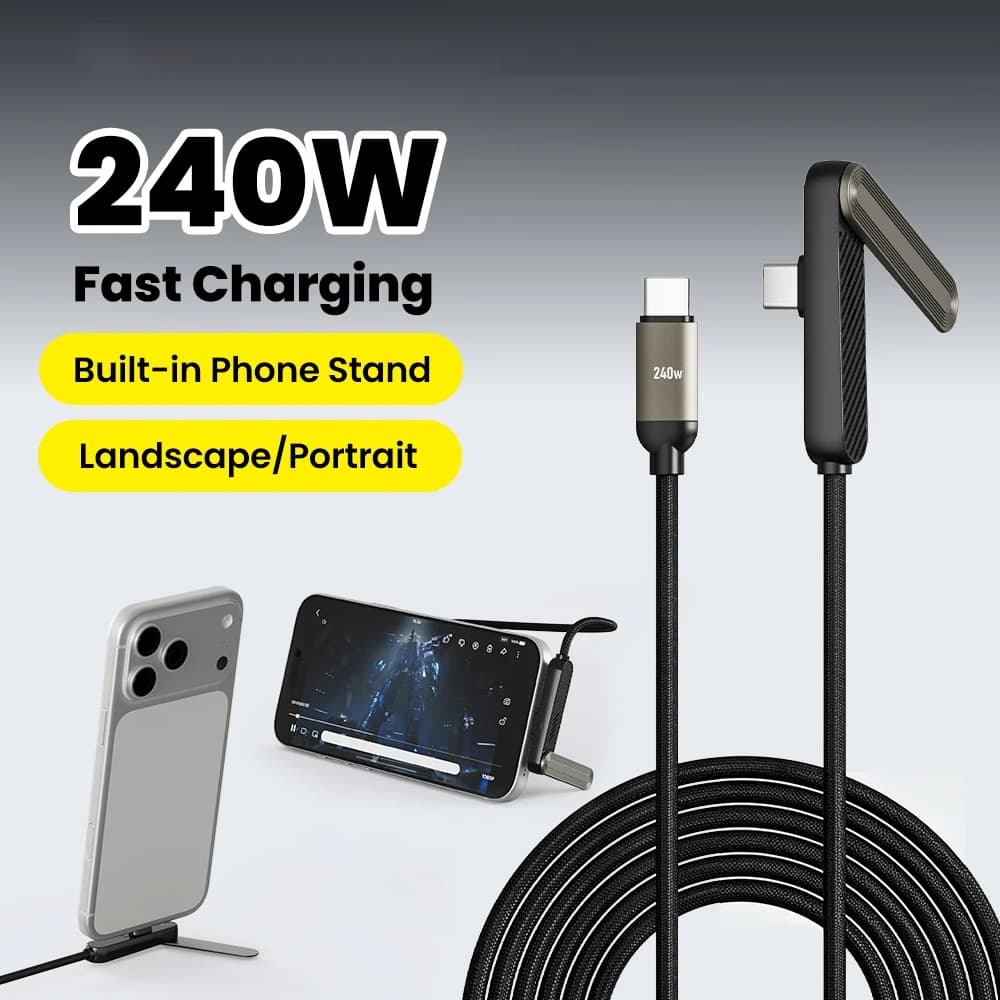 Cavo USB-C a USB-C da 240W con ricarica rapida e supporto pieghevole per telefono, compatibile con iPhone 17, 16, Samsung, cavo USB-A a USB-C da 65W