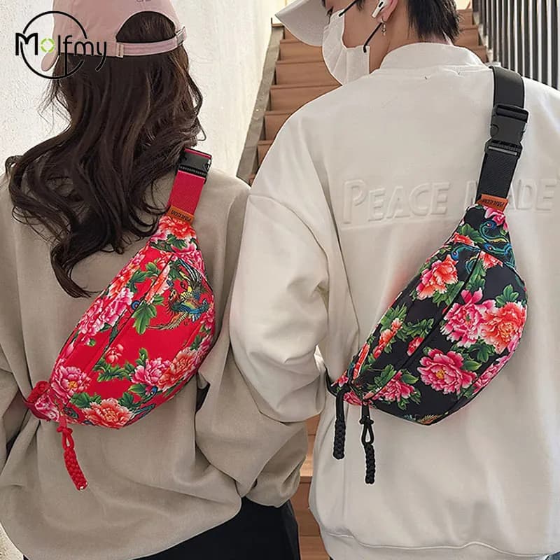 Marsupio da donna Borsa da cintura in nylon con fiori grandi Marsupio alla moda con cerniera Borsa regolabile leggera multifunzione impermeabile