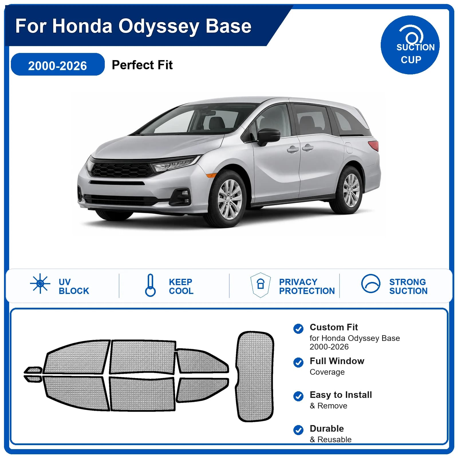 For Honda Odyssey Base 2000-2026 Custom Full Set Windshield Sun Shade Aluminum Foil Heat Insulation Anti UV Foldable