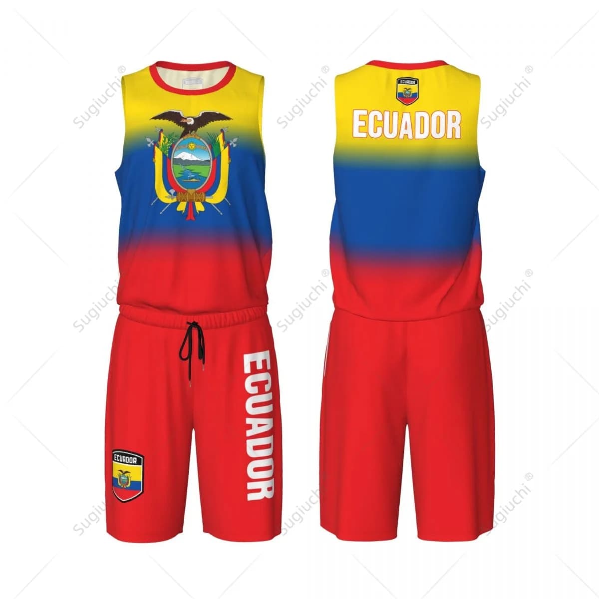 Set di maglie da basket con bandiera dell'Ecuador per uomo, maglia e pantaloni in rete, senza maniche, esclusivo, personalizzabile con nome e numero, unisex