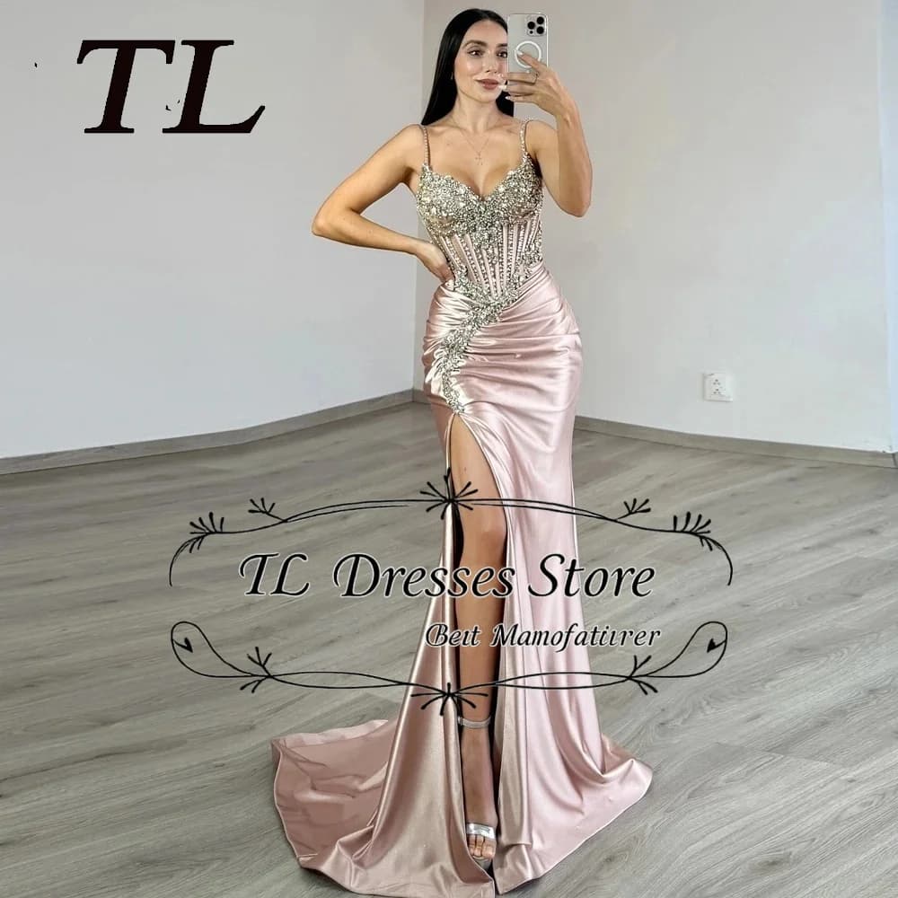 Abiti da ballo a tromba moderni ed eleganti TL 2025 da donna con strass, spalline sottili, spacco alto e pieghe, abiti da sera personalizzabili