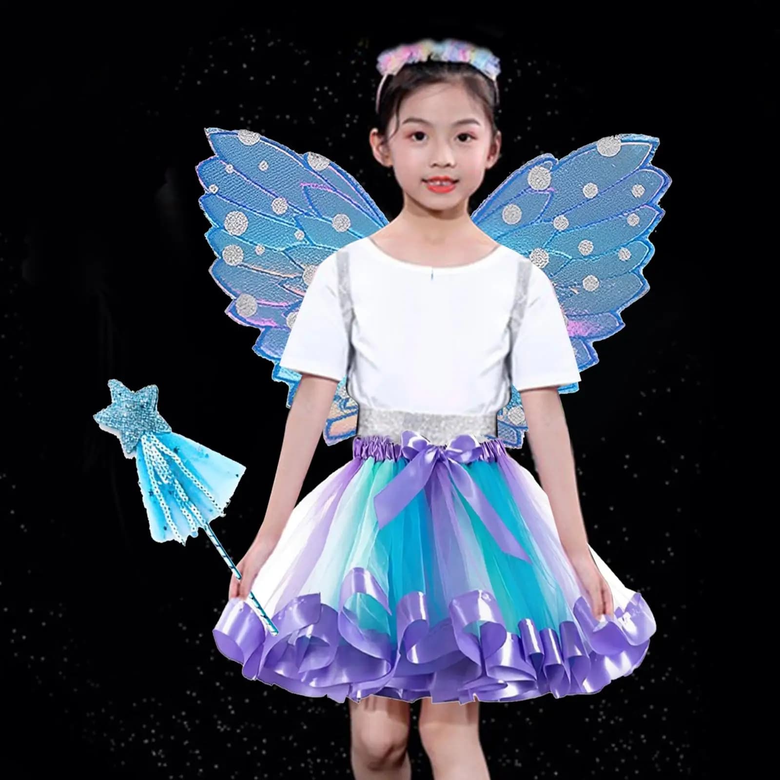 Costume da Fata con Ali di Farfalla per Bambine, Bacchetta Magica e Gonna Tutu in Poliestere, Travestimento per Halloween e Festival