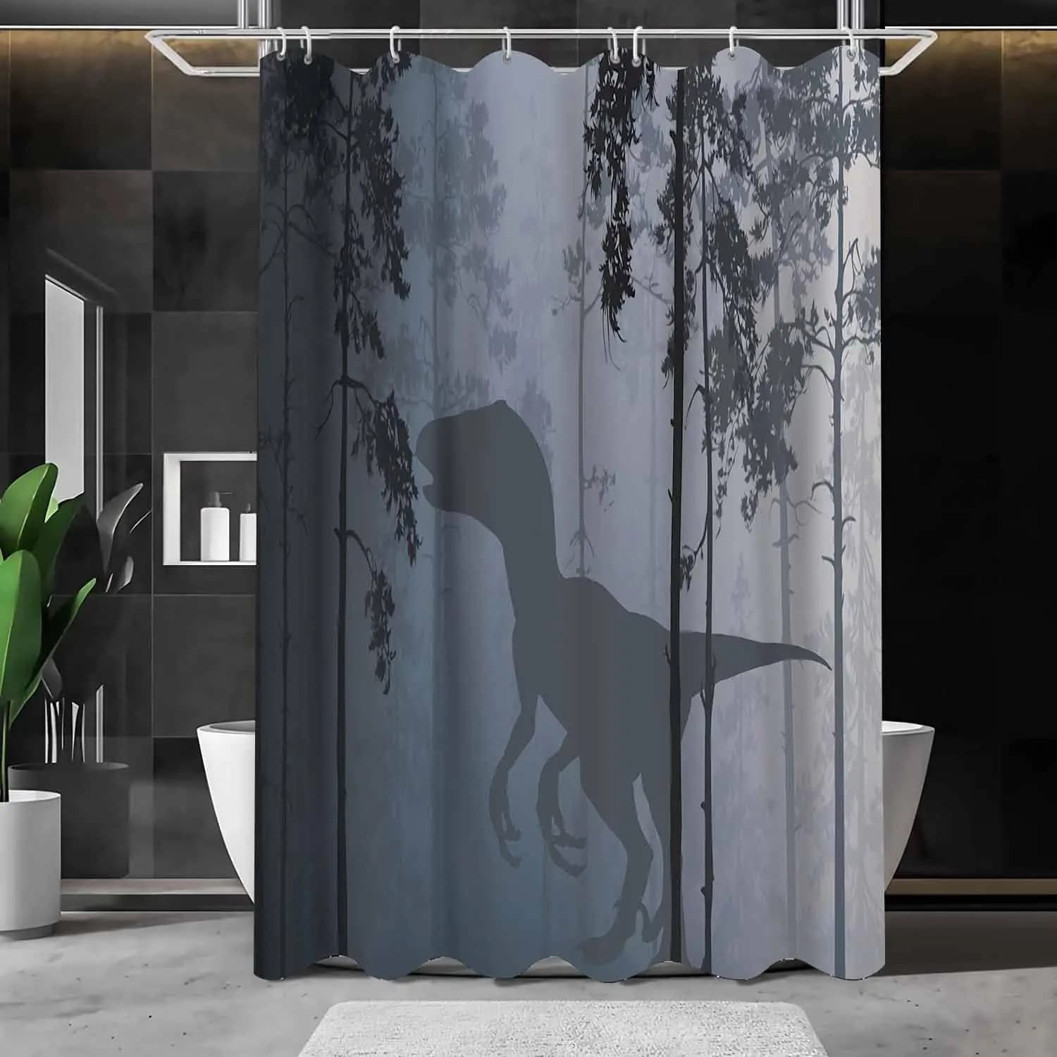 Divertente tenda da doccia con dinosauro, tirannosauro rex, silhouette di animali della foresta, set da bagno in tessuto di poliestere impermeabile con ganci