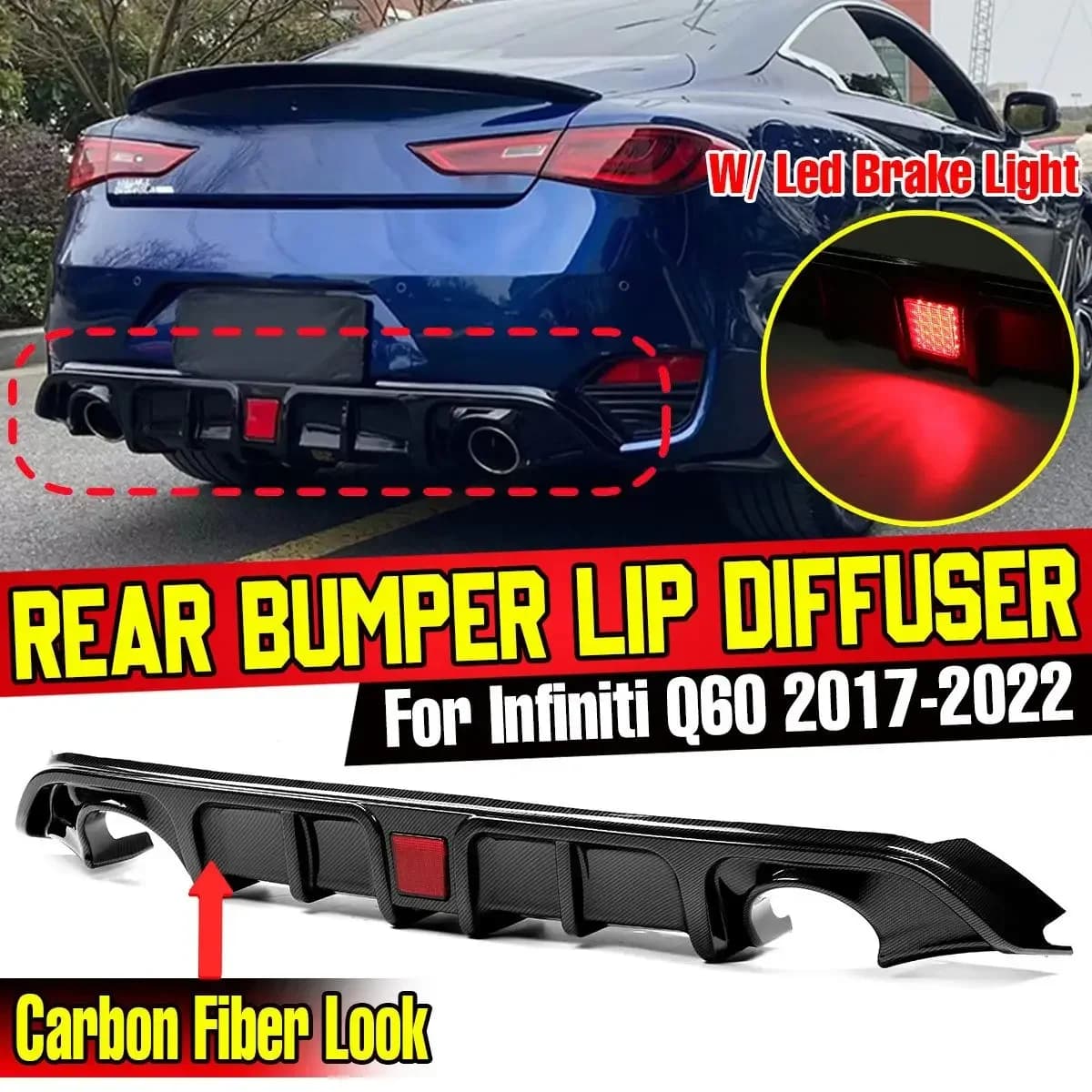 New Car Rear Bumper Diffuser Cover Trim Shark Fin Spoiler Lip with Led Brake Light For Infiniti Q60 2017-2022 Chaissis Deflector