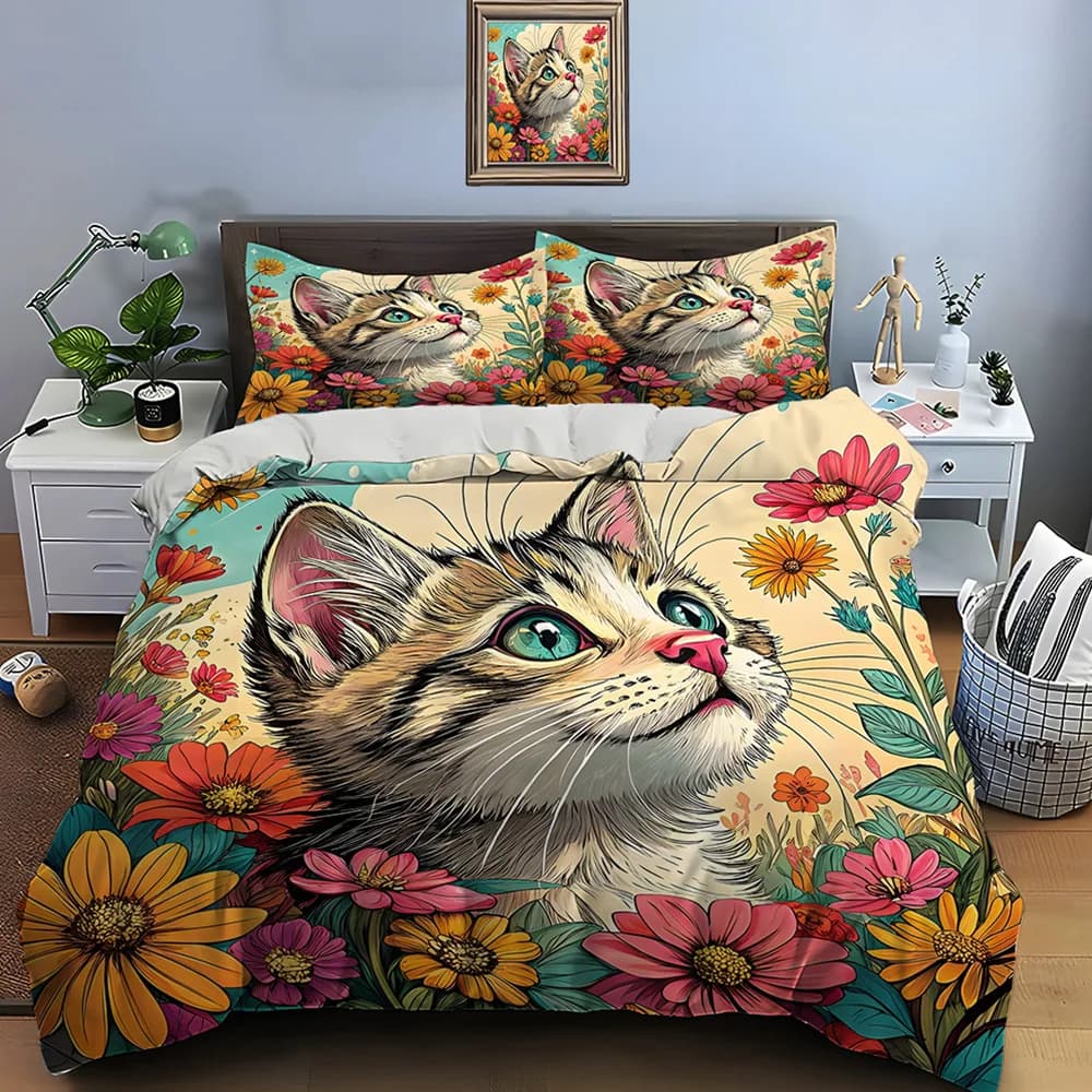 Set copripiumino con motivo gatto e campo di fiori vivaci, 3 pezzi, set biancheria da letto in poliestere con stampa digitale e chiusura con cerniera, per regali per bambini