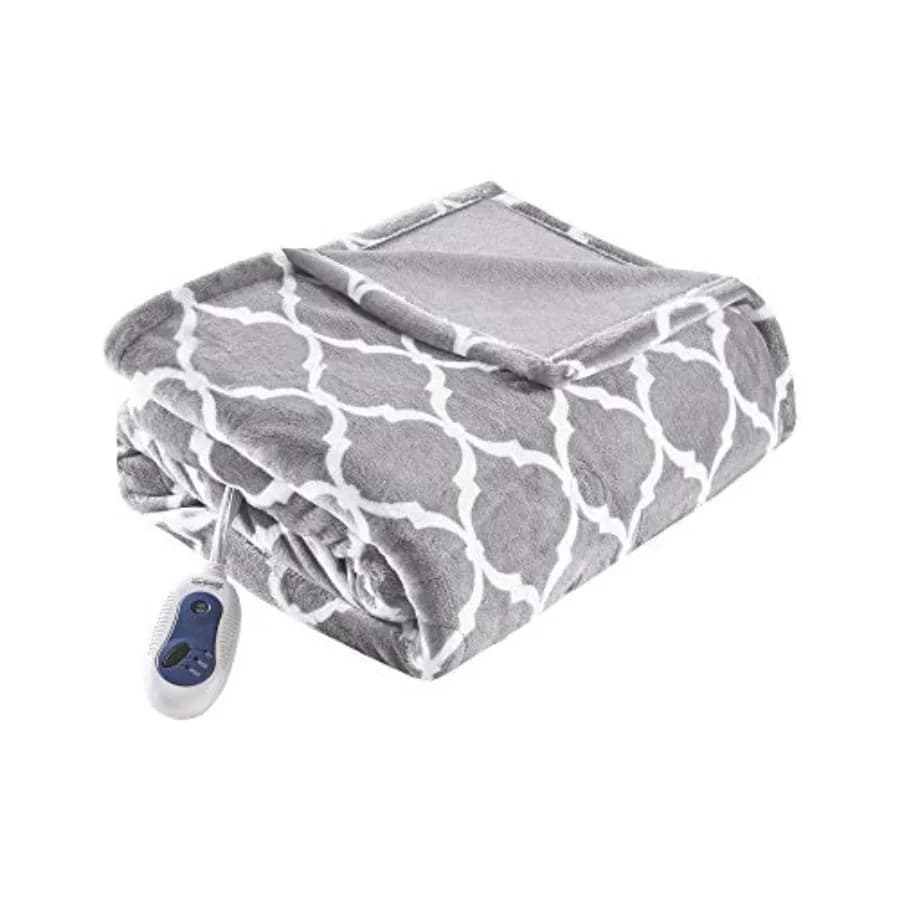 Coperta Elettrica in Peluche Stampata Ogee per Climi Freddi, Riscaldamento Rapido, Spegnimento Automatico, Praticamente Zero EMF, Impostazioni di Calore Multiple, Certificazione UL