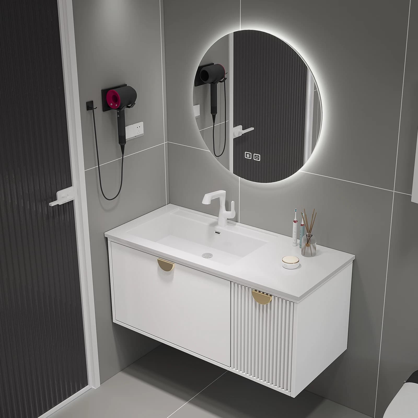 Set Moderno di Mobile Lavabo di Lusso a Parete, Arredo Bagno con Lavandino e Specchio