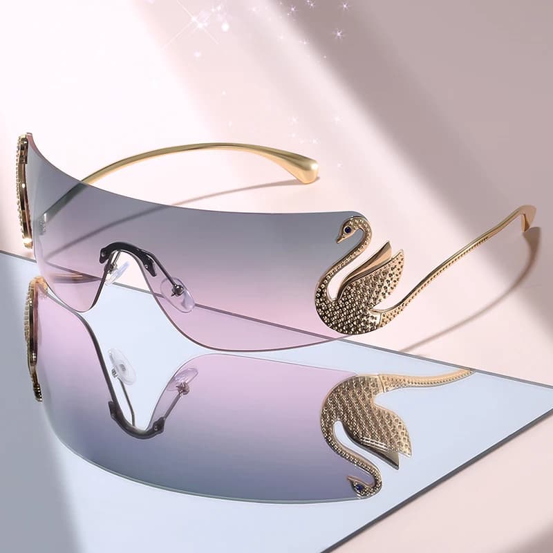 Women Rimless One Piece Sunglasses Luxury Rhinestone Swan Decor Oversized Wrap Shades Protection Eyewear For Outdoor Party
