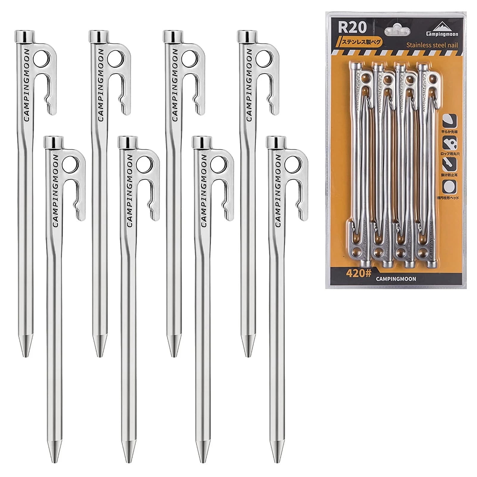 Campingmoon Heavy Duty Steel Tent Stakes Pegs with Hook and Hole Design for Outdoor Backpacking Camping Tent Canopy