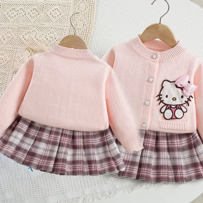 Set Maglione per Bambina Hello Kitty, Completo Sanrio, Giacca in Maglia con Cartoni Animati, Gonna Plissettata a Quadretti, Cardigan, Set Due Pezzi