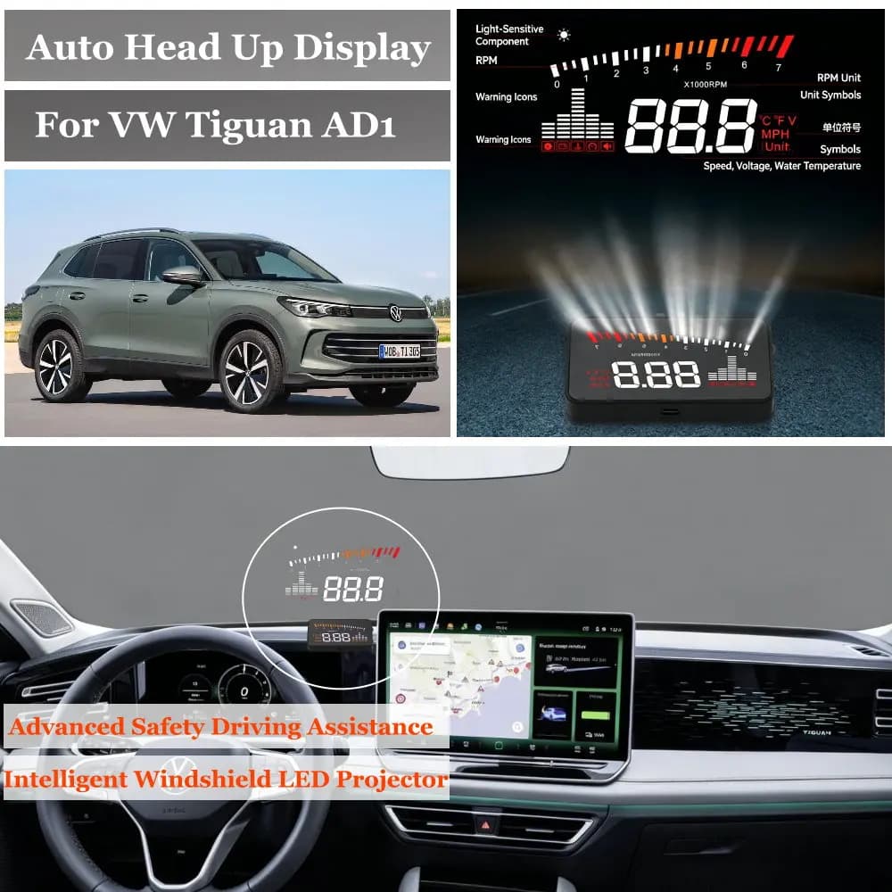 Car Head Up Display HUD For Volkswagen VW Tiguan 5N1 (MK1) AD1 (MK2) 2007-2026 Windshield Projector Speedometer Odometer RPM