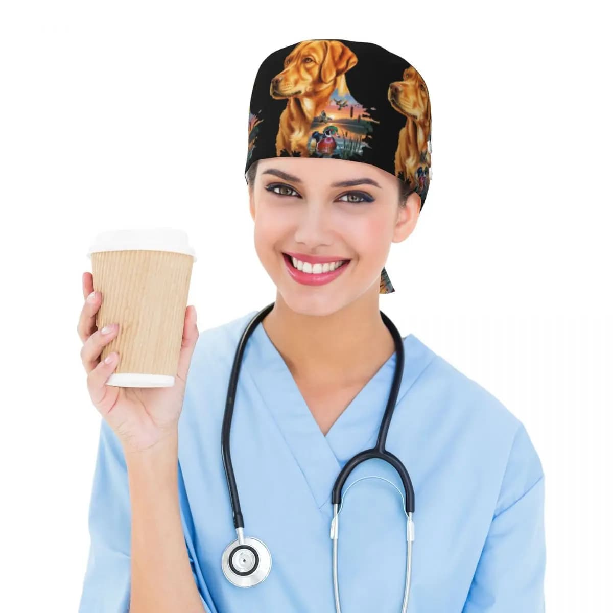 Fox Red Labrador And Wood Duck Sunrise Scrub Hat Doctor Working Surgical Cap Unisex Adjustable Nursing Caps for Dentist