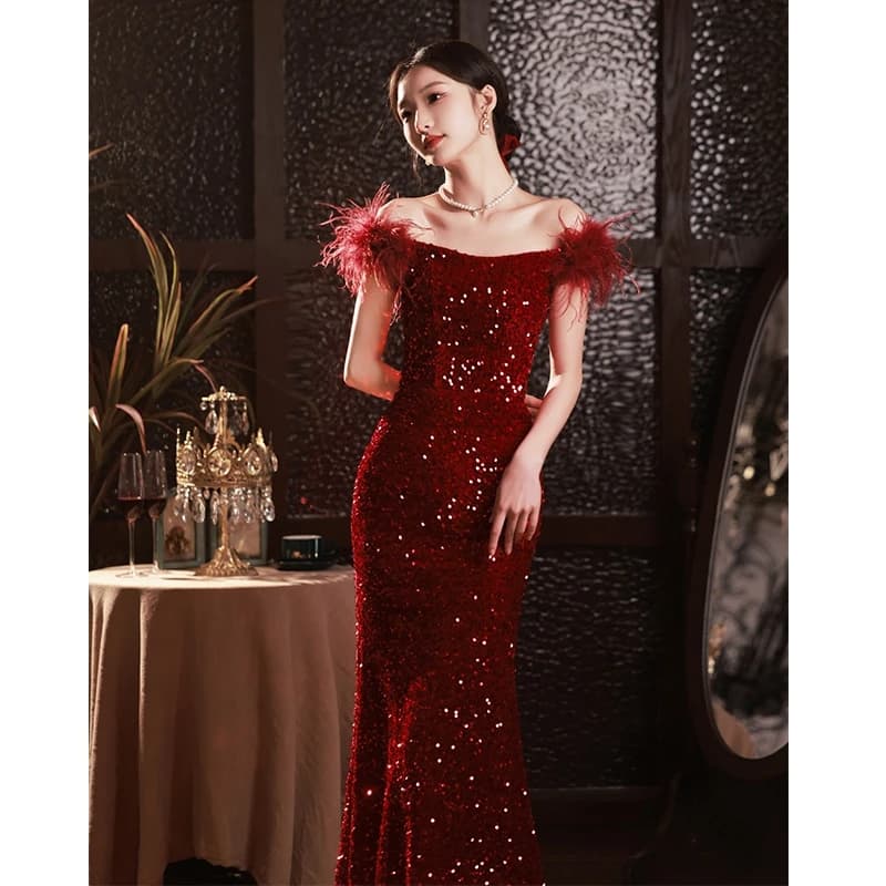 Abito da sposa rosso con paillettes, cintura in vita e monospalla, per cerimonie di fidanzamento e banchetti, abito lungo da presentatrice.