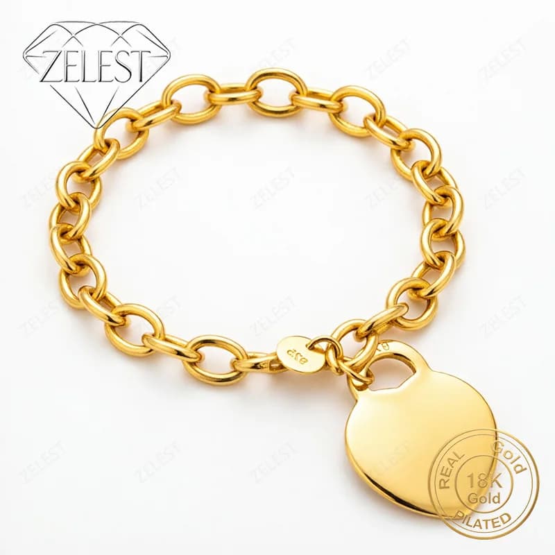 925 Sterling Silver 18K Gold Plated 8 Inch Exquisite Glossy Heart Lock Bracelet Women's Fashion Wedding Party Jewelry