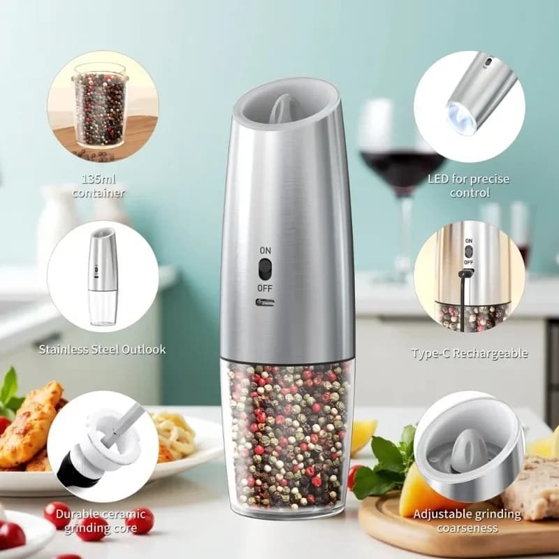 Spice Mills for Kitchen Automatic Cordless Gadget Gravity sensing Electric Salt And Pepper Grinder Set with LED Light Adjustable