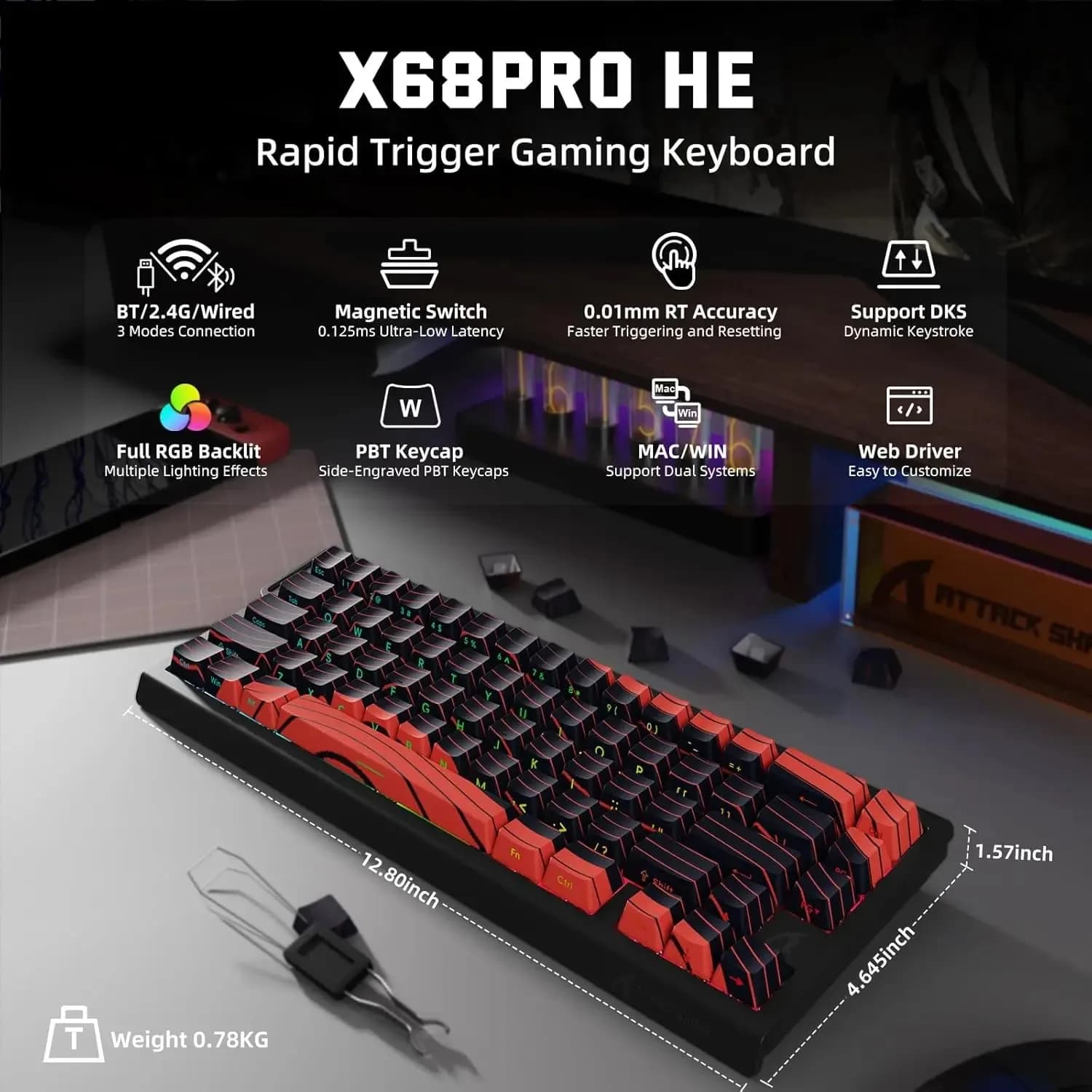 ATTACK SHARK X68 PRO HE Tastiera da gioco wireless con trigger rapido Frequenza di polling 8K Hot-Swap RGB retroilluminato