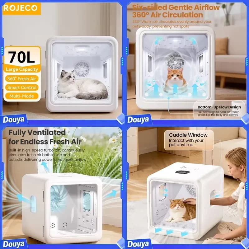 ROJECO Automatic Pet Drying Box 70L Smart Temperature Control Drying Pet Hair Grooming For Dog Cat Dryer 4 Speeds Ultra Quiet