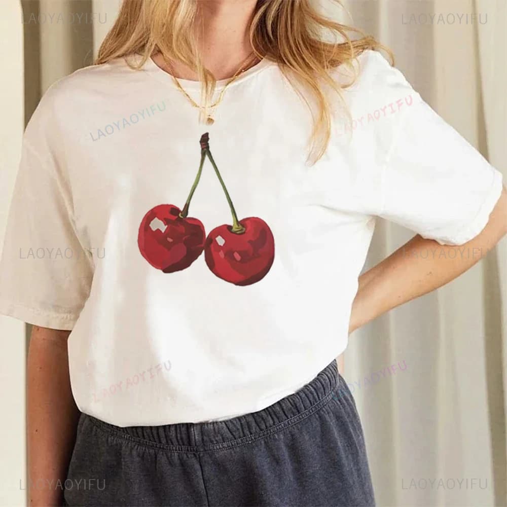 Cherry Y2k Cotton Printed T-shirt Summer Red Aesthetic Cherries Trendy Womens Coquette Classic Fruit Tops Girlfriend Tee Shirt