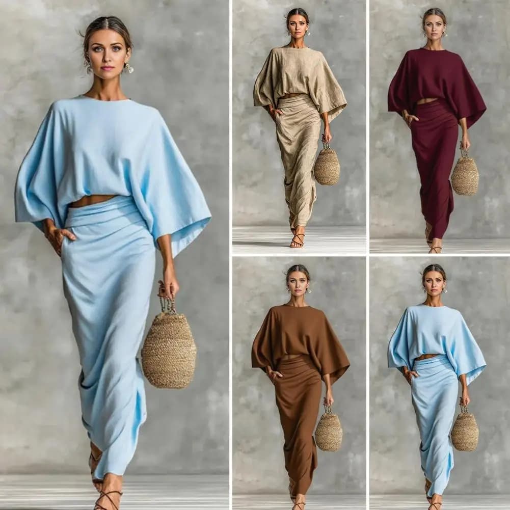 Completi estivi a due pezzi per donna, top a maniche lunghe a pipistrello e gonna lunga a vita alta con arricciatura, set coordinato per vacanze estive e relax.