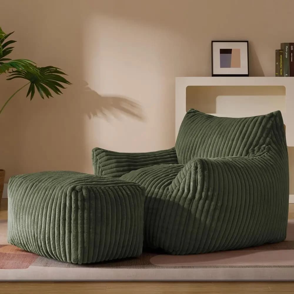 Poltrona Sacco Gigante Verde con Braccioli e Poggiapiedi - Divano Morbido Effetto Nuvola per Relax, Lettura e Gaming