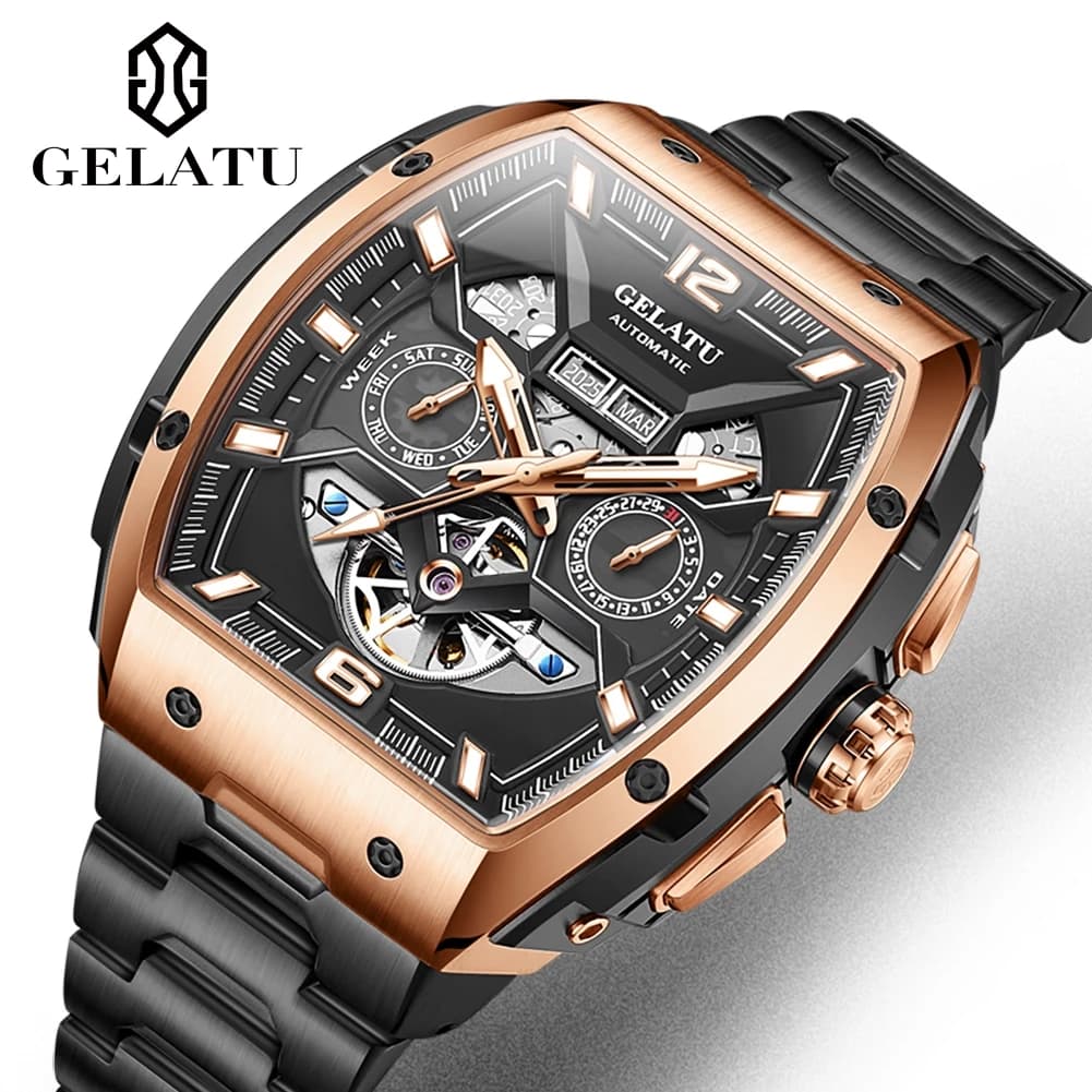 Reloj Hombre Orologi Uomo GELATU Top Brand di Lusso Rosa Nero Scheletro Tourbillon Orologio Meccanico Automatico per Gli Uomini Impermeabile