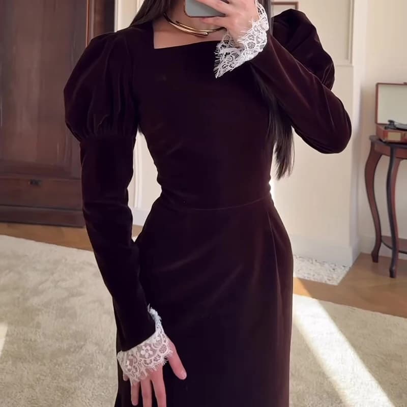 Elegant slim fit dance dress with 2026 square collar Long sleeved evening dress with patchwork in new spring sexy lace
