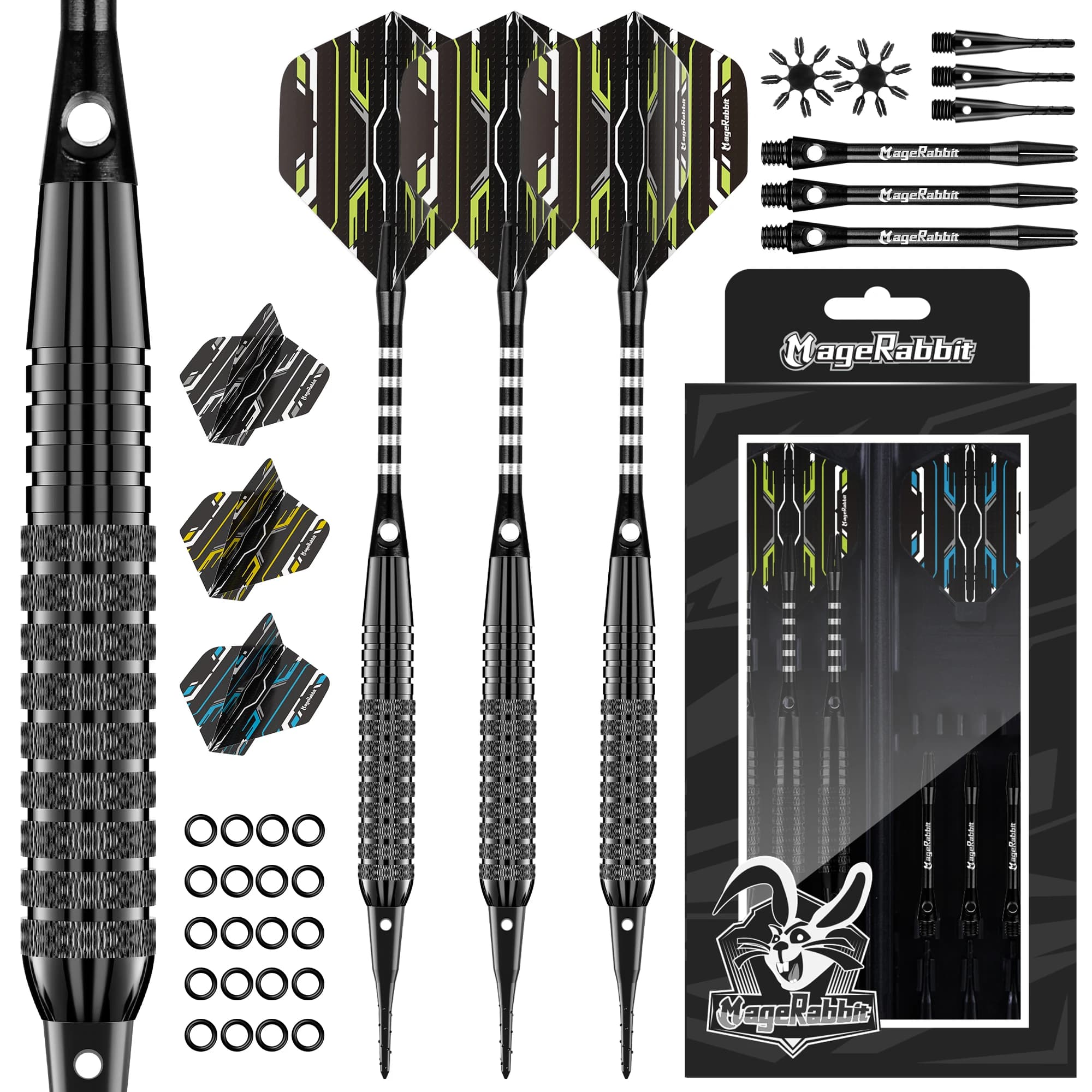 MageRabbit 3 freccette con punta morbida in ferro da 16 g 2BA + 6 alberi in alluminio, 6 voli e 26 accessori