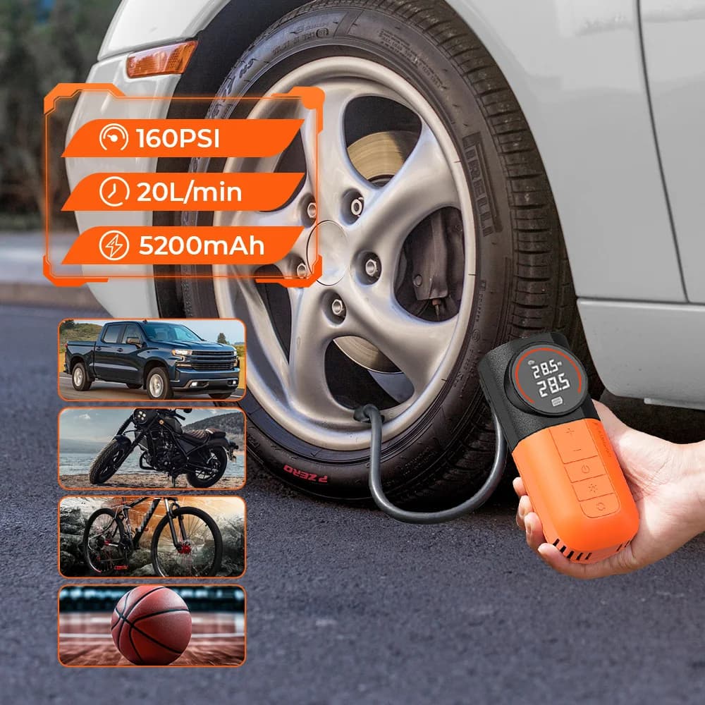 ETENWOLF S1 Compressore d'aria portatile 5200mAh Gonfiatore per pneumatici per auto Pompa da 20 litri/min adatta per auto Motociclette Bici, accessori per auto