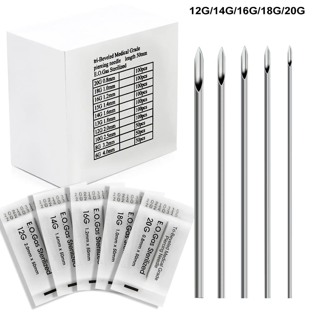 200/100/50PCS Piercing Needles Surgical Steel Disposable Body Piercing Needles E.O.Gas Sterilized Permanent Makeup Tattoo Needle