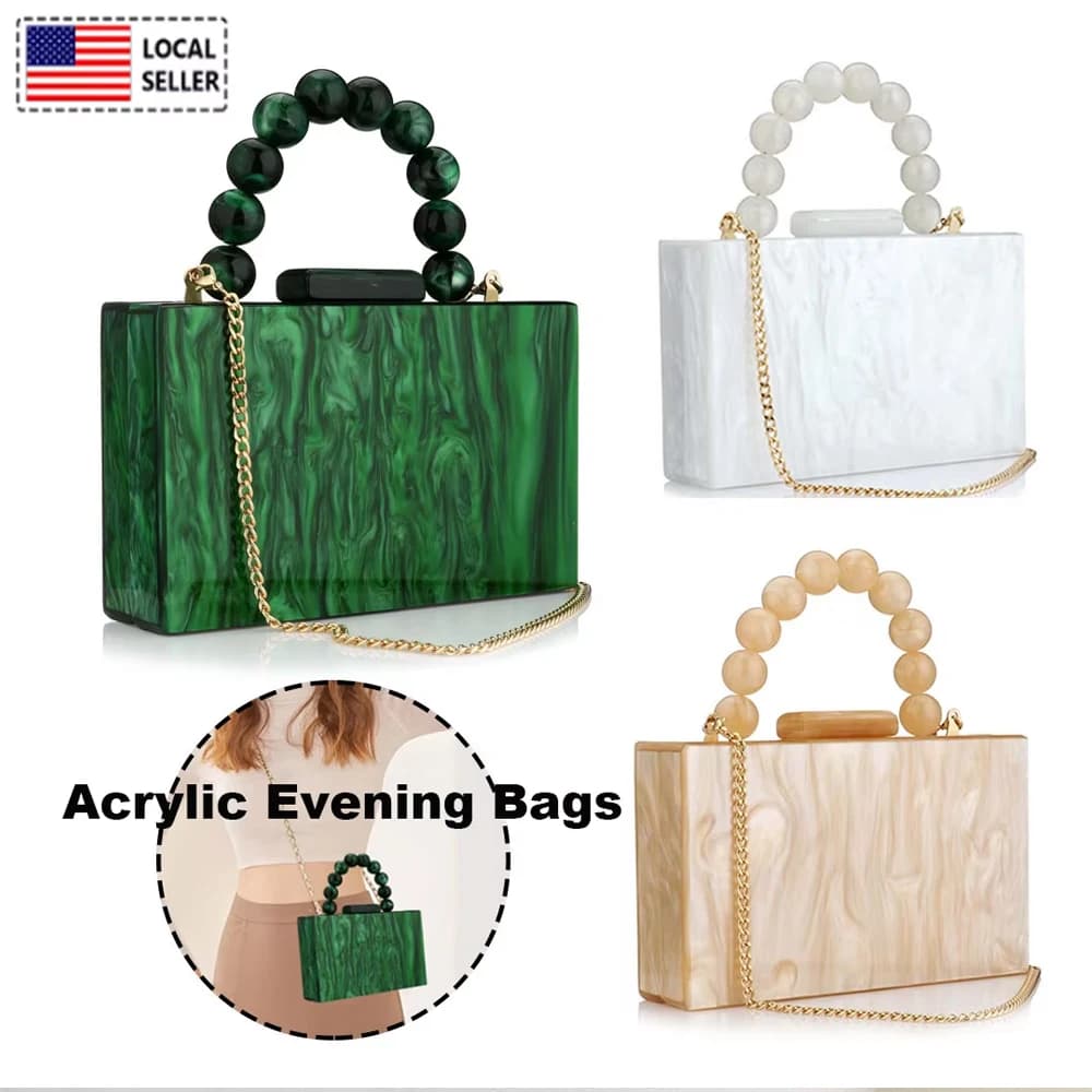 Borsa a tracolla di lusso con perle, effetto marmo verde scuro, in acrilico e PVC, borse da sera da donna, borsette e pochette per matrimoni, feste e spiaggia