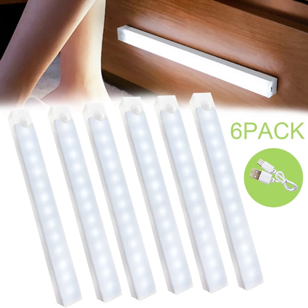 Luce notturna con sensore di movimento da 6 pezzi/pacco, lampada ricaricabile wireless di tipo C per armadio da cucina, camera da letto, armadio, scala