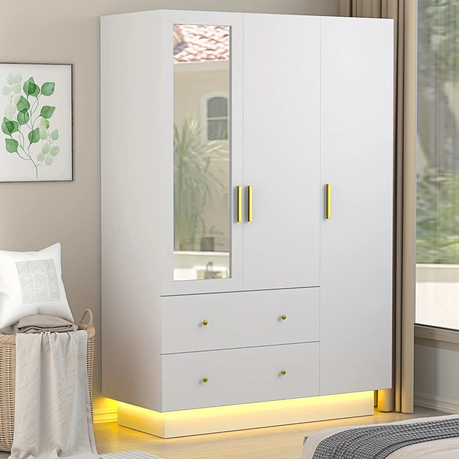 Armadio Moderno con Specchio e Luci LED, Guardaroba per Camera da Letto con Cassetti e Ripiani, Mobile in Legno con Asta Appendiabiti