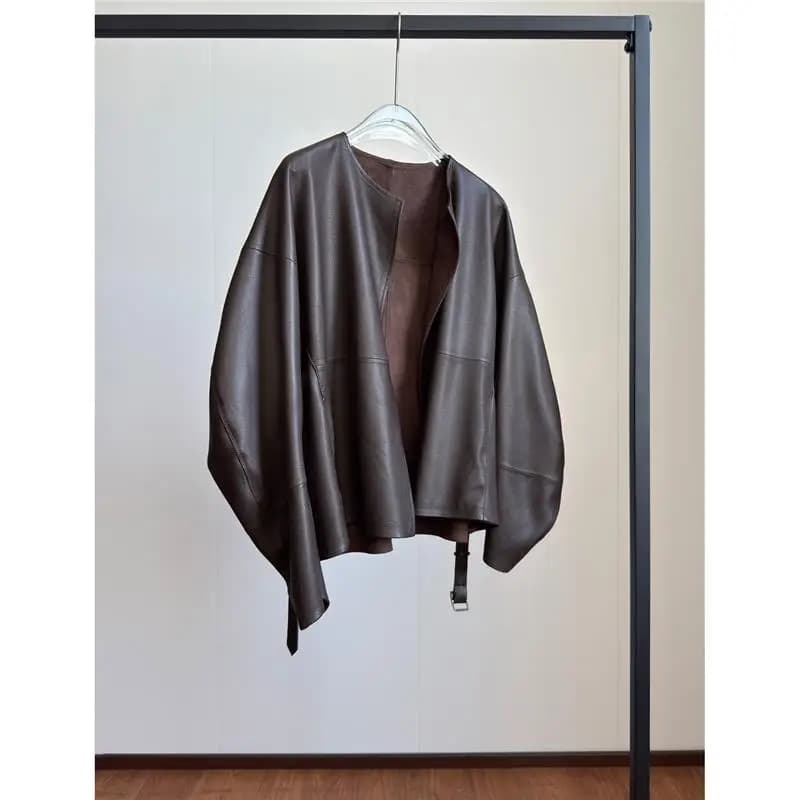 Cappotto Casual in Vera Pelle di Pecora per Donna, Design alla Moda con Maniche a Coltello, Cardigan Aperto con Cintura