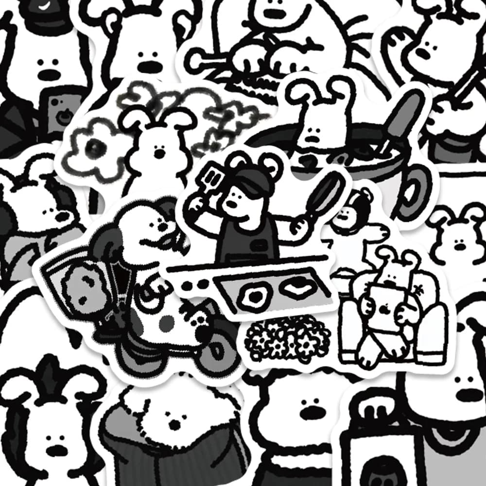 62pcs Black White Ins Puppy Stickers Cute Cartoon Dog Decal DIY Handbook Journal Luggage Bottle Skateboard Decorative Stickers