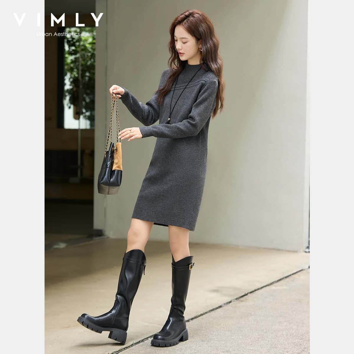 VIMLY Abito Grigio Elegante da Donna 2026 Autunno Lavorato a Maglia con Collo Alto e Pannelli, Vestito Midi Dritto in Misto Lana da Donna 75187