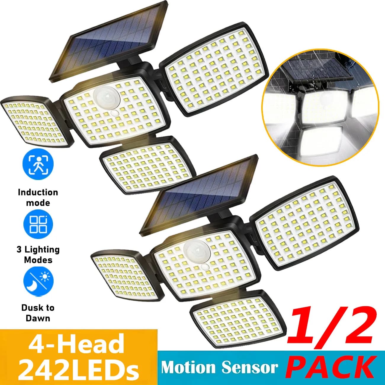 1/2PACK 4 Head Solar Motion Sensor Light 242LED, Solar Lights Outdoor 3 Adjustable Modes, IP65 Waterproof Flood Lamp for Garden