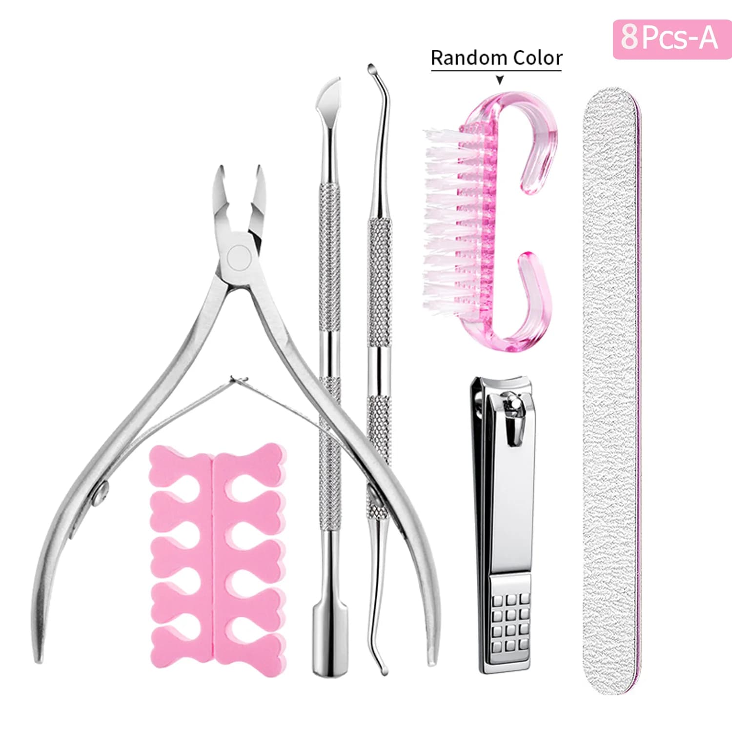 Set tagliaunghie da 8 pezzi con lime per unghie e tampone Strumenti per nail art in acciaio inossidabile Spazzola per la pulizia della polvere Spingi cuticole e trimmer