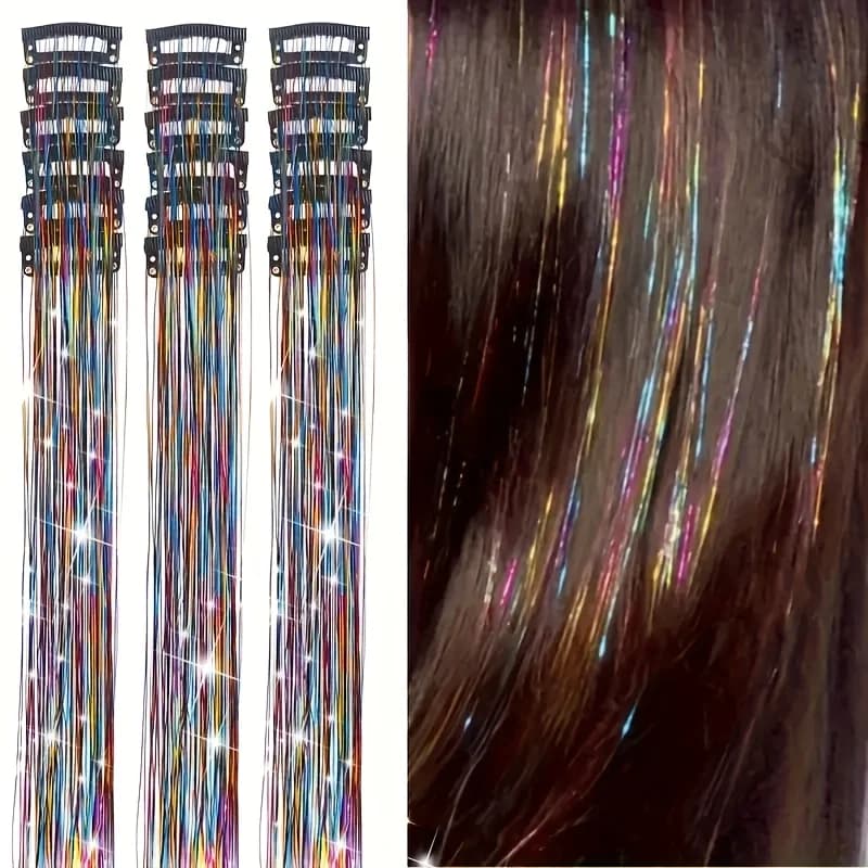 12 Pezzi Extension per Capelli Dorati Laser, Glitter Arcobaleno con Confezione Regalo, Clip BB Lucide per Capelli, Ideali come Regalo di Natale