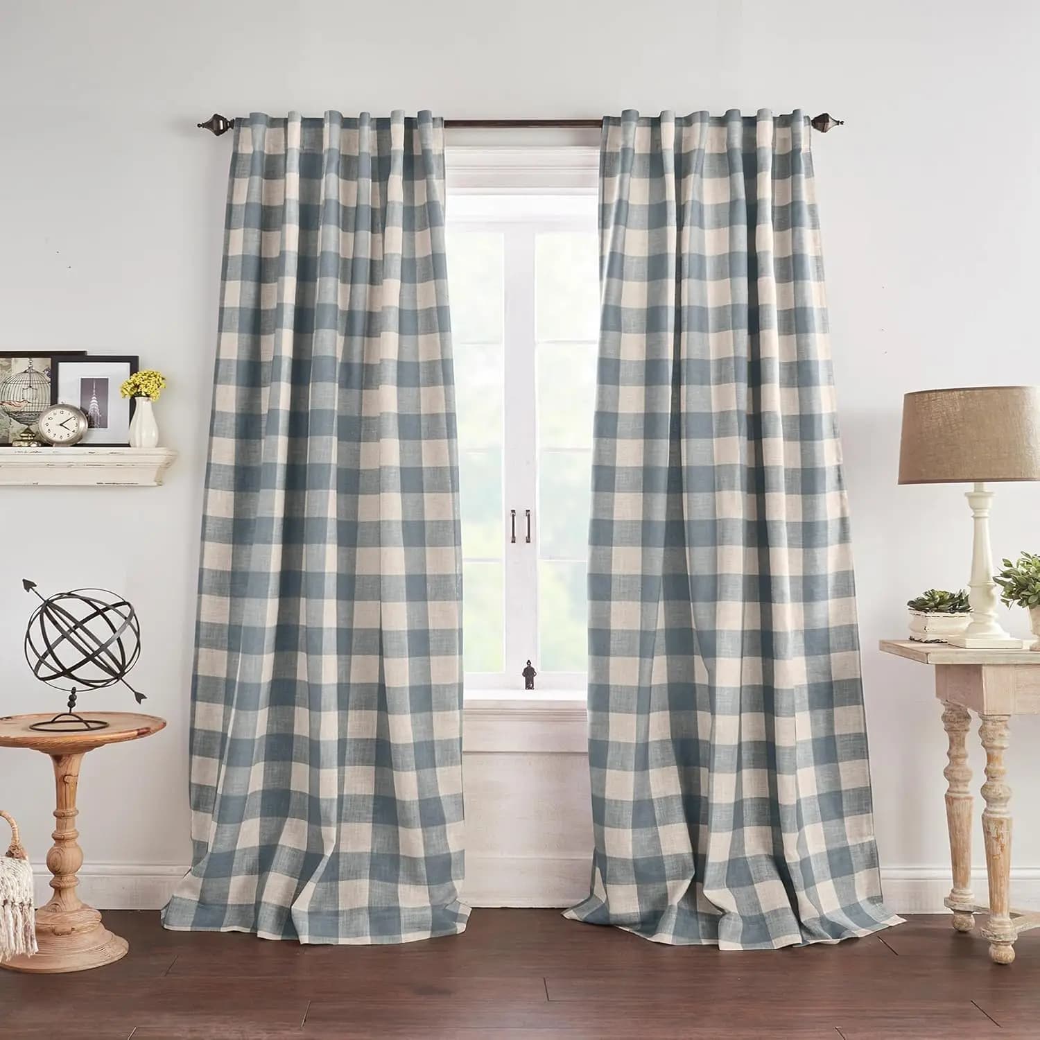 Tenda Oscurante Stile Rustico, Motivo a Quadri Buffalo, con Tasche per Asta, per Soggiorno e Camera da Letto, 52" x 84", Chambray