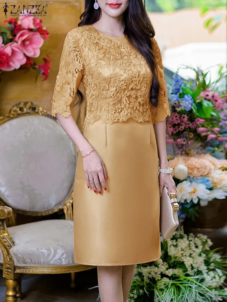 ZANZEA Women's Elegant Dresses Fashion Lace Patchwork Knee Satin Waist Dresses O-Colle Half Sleeved Dresses