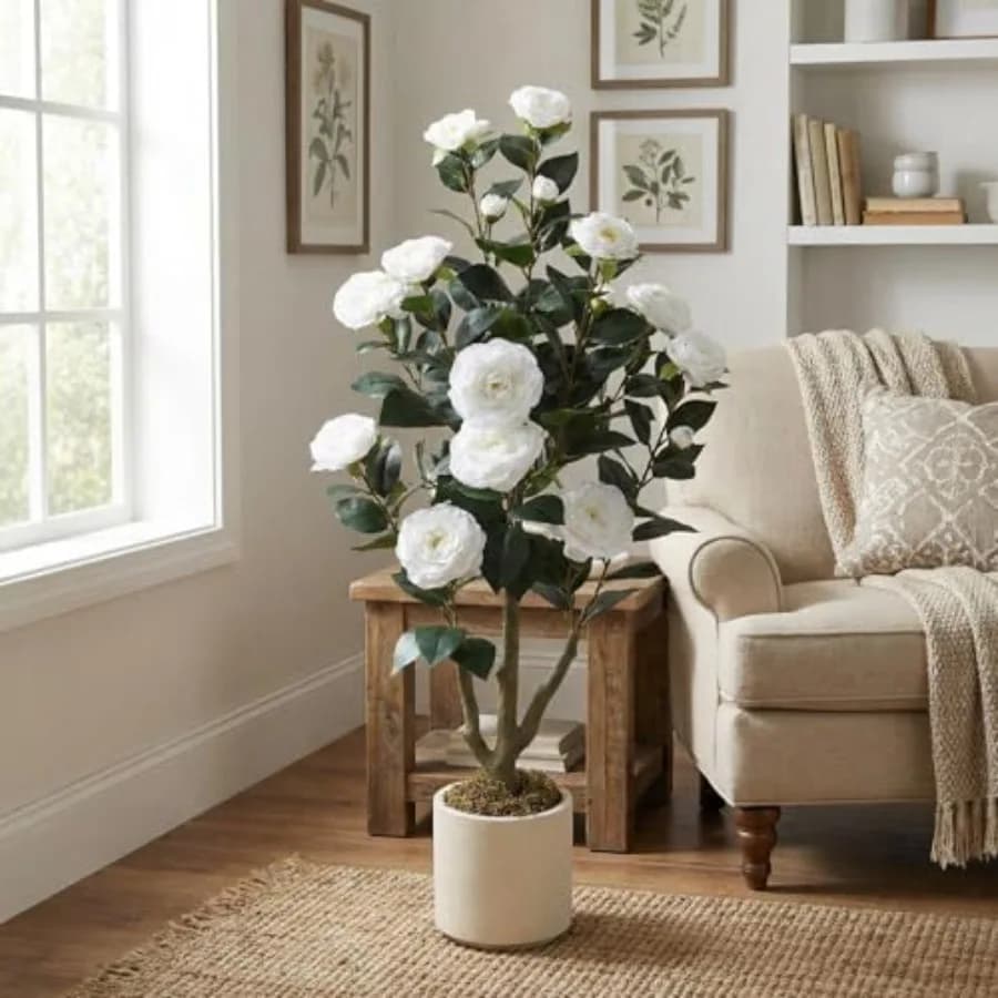 Albero di Camelia Artificiale Alto 90 cm in Vaso, Pianta Realistica in Seta Sintetica per Arredamento Casa e Ufficio, Albero Finto per Interni ed Esterni