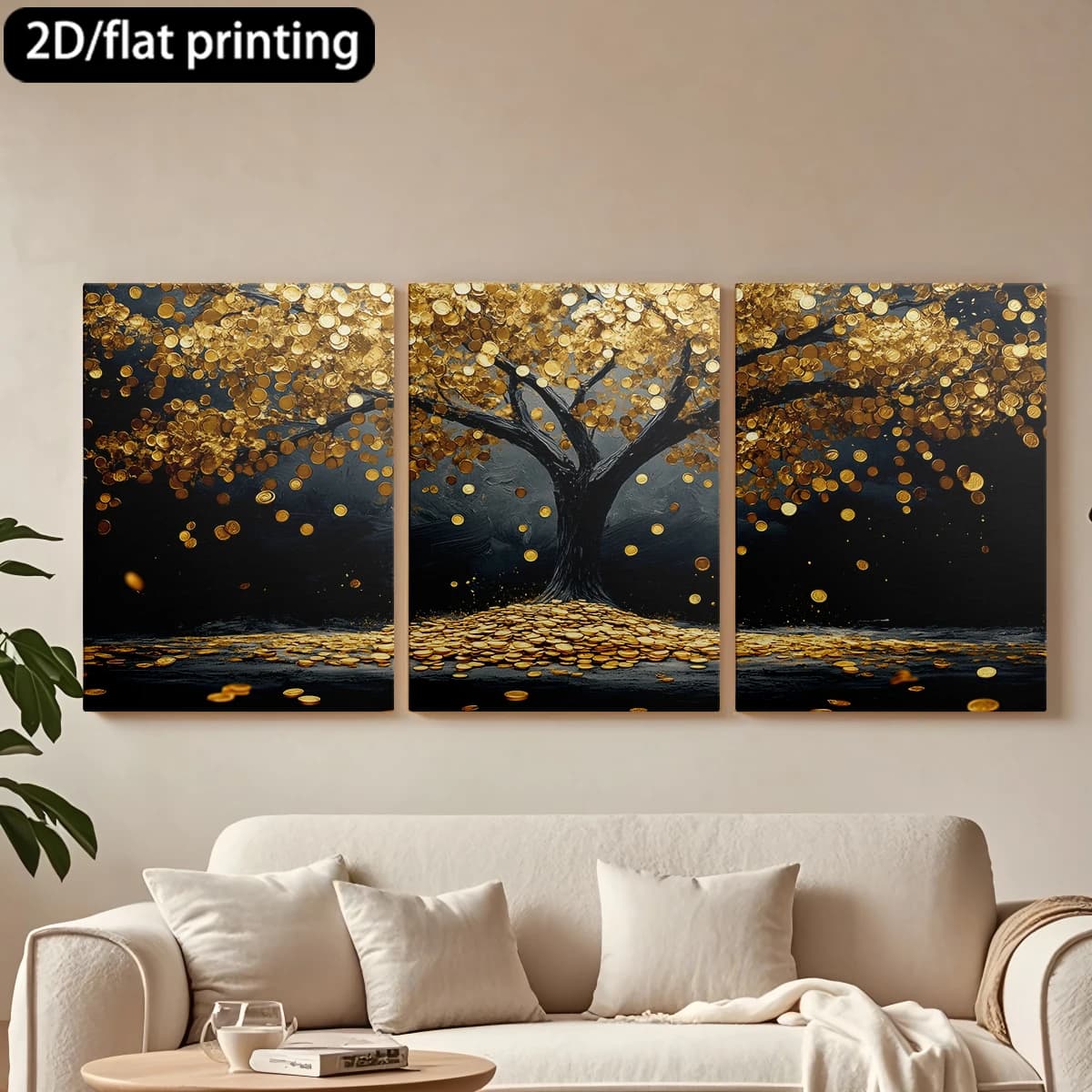 Set of 3 Decorative Squares on Canvas with Wooden Frame: Golden Coins Load Tree, Richness Symbol. Corridor and Bedroom Decoration