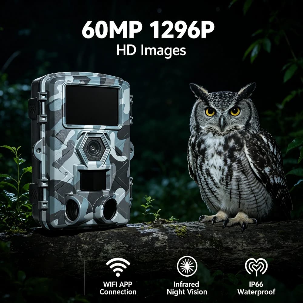 WIFI infrared night vision camera, APP connection for viewing, 60MP 1296P high-definition image, built-in high-definition display, IP66 waterproof, suitable for home and farm security monitoring (without battery/memory card)