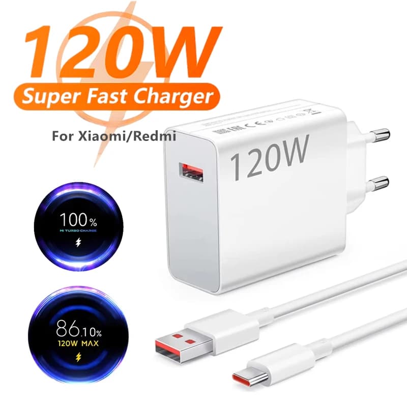 Caricatore da muro USB rapido 6A 120W EU per Xiaomi 11 12 13 14 15 Ultra Redmi Note 12 13 14 POCO F7 X7 Pro con cavo di ricarica Turbo Type C