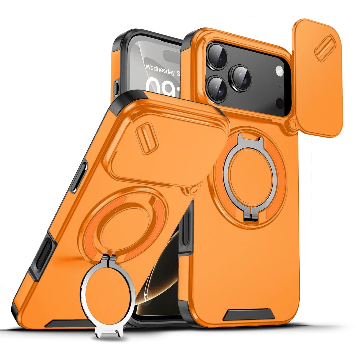 Custodia per telefono con staffa magnetica per iPhone 17 16 15 14 13 12 11 Pro Max Air Plus 16E Design con finestra scorrevole per proteggere l'obiettivo Y0030